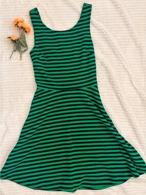 American Eagle Striped Fit & Flare Dress Navy and Green Criss-Cross Back Size 0